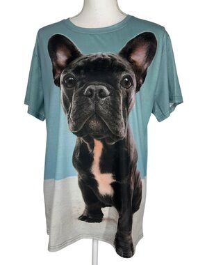 FRENCH BULLDOG / White & Blue Large Frenchie Print T-Shirt / Medium / Emo Skater